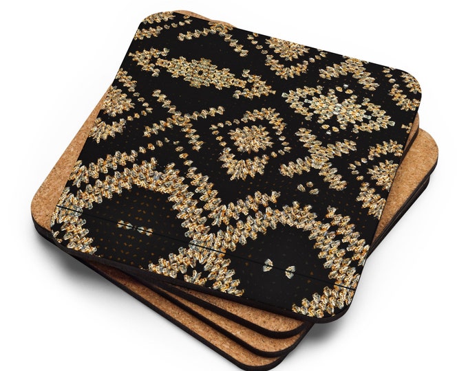 House Warming Gift Set of 4, Cork Coaster Crochet Pattern Black and Gold XOXO Design, Practical Ideas Last Minute Tableware Gifts