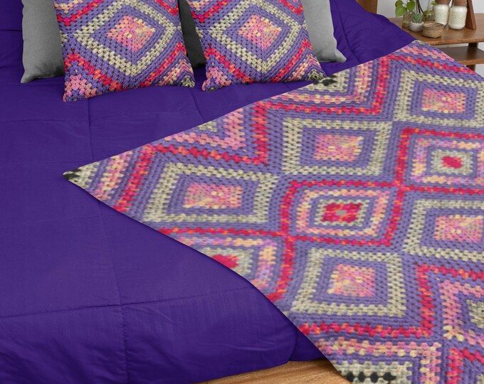 Crochet Design Decor Bundle, Cozy Throw Blanket and Pillow Set in Multi Purple Triangle Crochet Pattern, Cozy Comforts