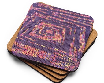 Custom Cork Coasters Set of 4, Crochet Pattern Purple Passion Design – Practical Ideas for Last Minute House Warming Gift