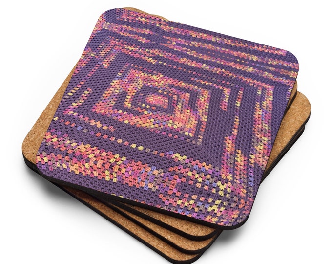 Custom Cork Coasters Set of 4, Crochet Pattern Purple Passion Design – Practical Ideas for Last Minute House Warming Gift