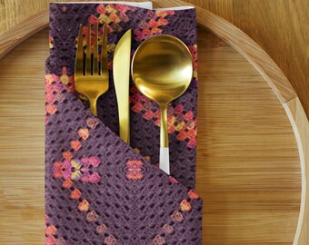 Perfect Holiday Gift, Set of 4 Cork Coasters and Cloth Napkins - Crochet Design Tableware in Purple Diamond Clusters, Gifts Under 100