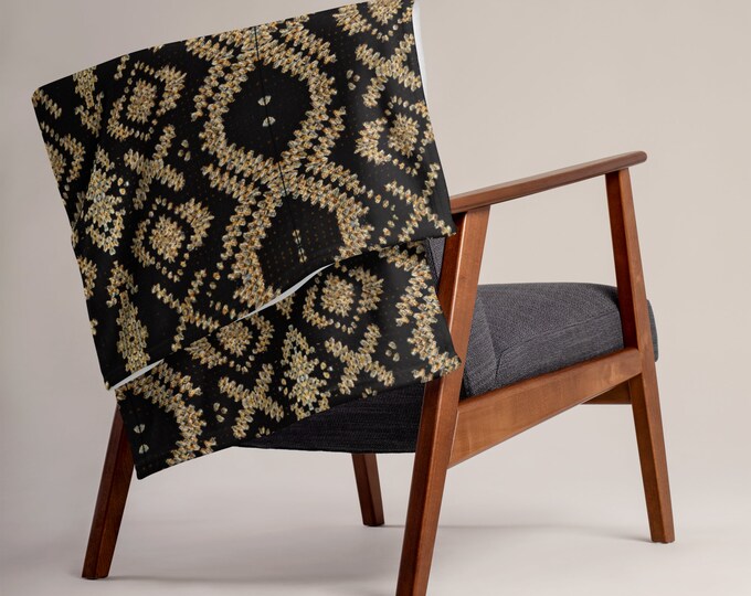 Cozy Gift for Home, Unique Winter Throw in Black and Gold, Crochet Design Throw Blanket, Perfect Luxury Gift for Home