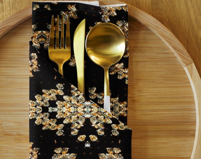 Perfect Holiday Gift - Elegant Home Decor, Black and Gold Tableware Set, Includes 4 Napkins and Coasters, Crochet Design Decor