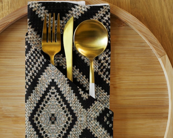 Trending Now the Perfect Holiday Gift - 4 Linen Napkins and 4 Cork Back Coasters with Tan and Black Crochet Design,  House Warming Gift Set