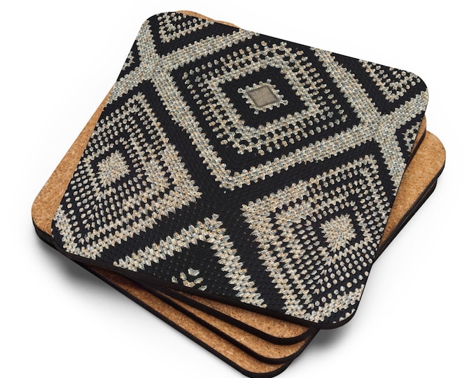Custom Cork Coasters Set of 4, Crochet Pattern Design, Tan and Black Triangles – Practical Ideas for Last Minute House Warming Gift