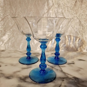 Three 15001 Tiffin Franciscan Crystal Champagne Glasses Blue Stem