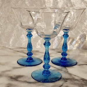 Three 15001 Tiffin Franciscan Crystal Small Champagne Glasses Blue Stem