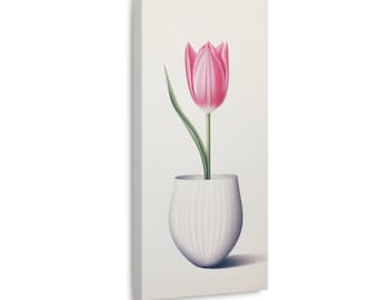 Può includere: Stampa su tela di un tulipano rosa in un vaso bianco. Il tulipano ha uno stelo e una foglia verdi. Il vaso è bianco con scanalature verticali. Il testo "Multiple Sizes" è in basso.