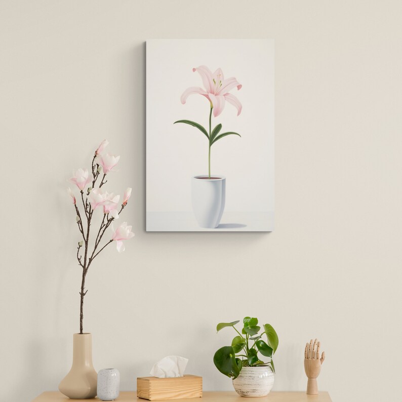 White pot holding a beautifully drawn lily against a clean background