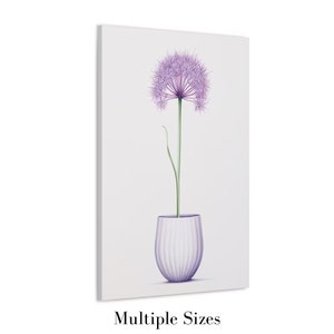 May include: A canvas print featuring a stylized illustration of a purple allium flower in a white vase. The flower has a spherical head and a long green stem. The vase is a light purple color with vertical ridges. The text "Multiple Sizes" is at the bottom.