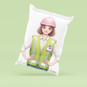 Puede incluir: Una bolsa blanca con una ilustración de dibujos animados de una persona que lleva un casco duro rosa y un chaleco de seguridad verde. La persona sonríe y tiene el pelo castaño.