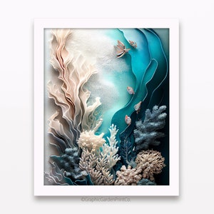 Coral Reef Wall Art, Ocean Vertical Printable, Coastal Digital Download, Contemporary Sea Life Decor, Abstract Aquatic Wildlife, Teal, Pink