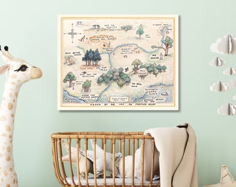 Stampa mappa vintage in legno di 100 acri, poster orizzontale di Winnie the Pooh, arte della parete della stanza dei bambini, incorniciato e senza cornice, arredamento della camera a castello, foresta