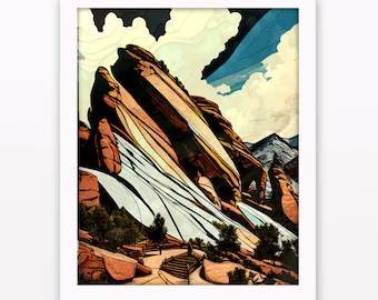 Red Rocks Park & Amphitheatre Wall Art, Morrison Colorado Vertical Printable, Urban Landscape Instant Download, Graphic Neutral Decor, Trees