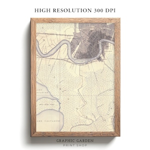 Mapa vintage imprimible de Nueva Orleans, arte rústico de pared con elevación geológica, póster histórico de Luisiana, tonos tierra apagados antiguos, 1891
