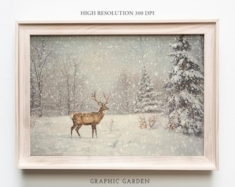 May include: A framed print of a winter scene with a deer standing in a snowy forest. The deer is brown with large antlers and is looking to the right. The forest is covered in snow and there are snowflakes falling from the sky.