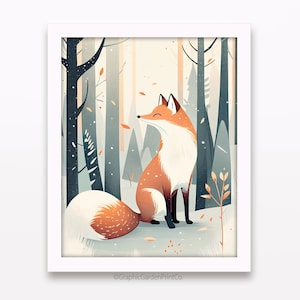 Puede incluir: Una ilustración digital de un zorro rojo de pie en un bosque nevado. El zorro mira hacia la derecha y tiene una cola blanca y una cola tupida. El bosque está formado por árboles altos y delgados con hojas azules y verdes. El fondo es de color azul claro.