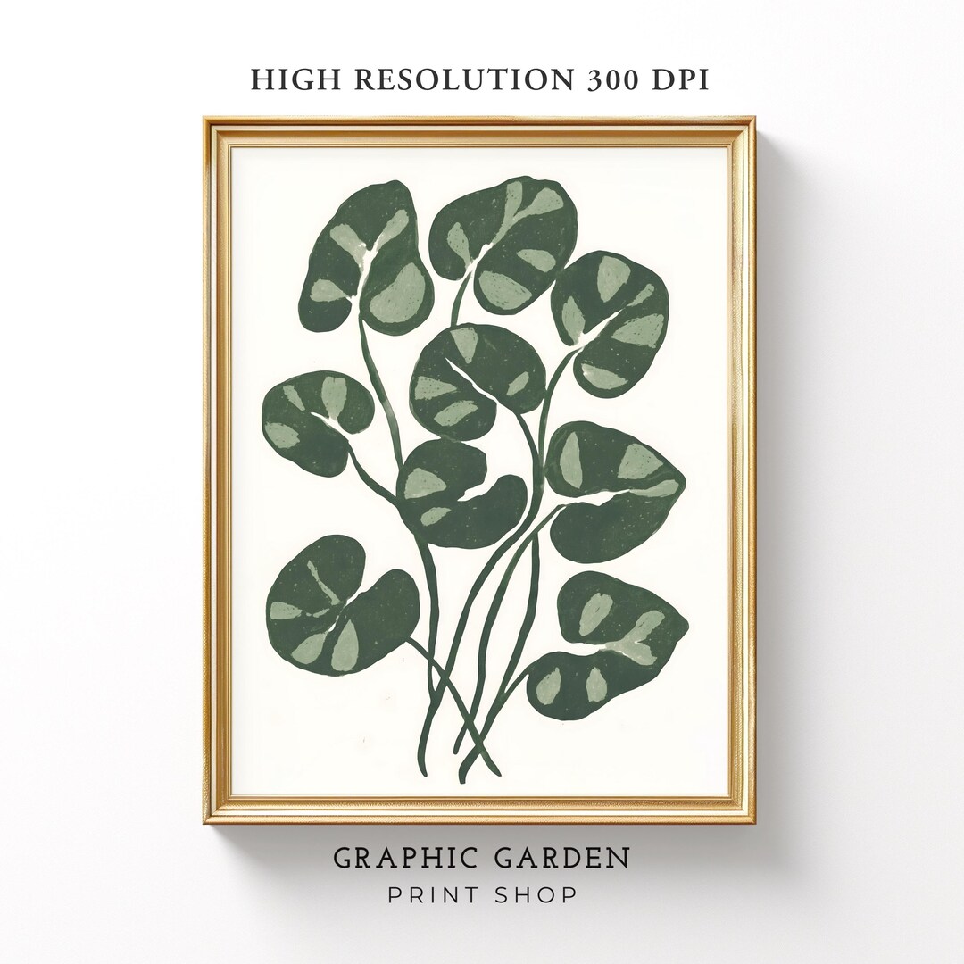 Pilea Peperomioides Block Print, Monochrome Green Botanical Wall Art ...