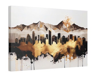 Arte da parete su tela Denver Colorado, stampa orizzontale skyline del paesaggio urbano, astratto moderno contemporaneo, decorazione paesaggistica, tonalità terra neutra lucida