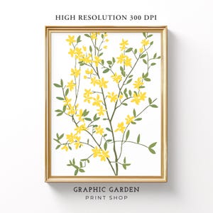 Forsythie botanische Block Print, gelb grüne Blumen Poster, abstrakte Kunst Boho druckbare Wandkunst, Frühling Blumen quadratisches Dekor, Instant Download