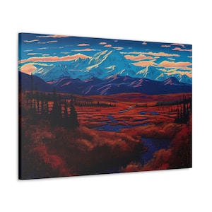 Denali National Park Canvas Wall Art, Alaska Horizontal Print, Mountain Landscape Home Decor, Contemporary Mount McKinley Valley View, Trees