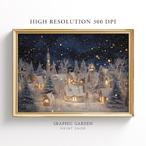 Christmas Village Painting, Night Stars Printable, Modern Winter Decor, Contemporary Holiday Frame TV Art, Snow Landscape Print, Download