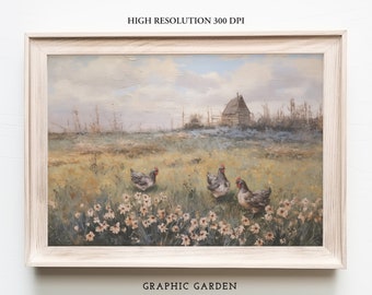 Paisaje de pradera con gallinas, descarga instantánea, horizontal, imprimible, decoración apagada, estilo rústico vintage, arte de pared para TV con marco de Samsung