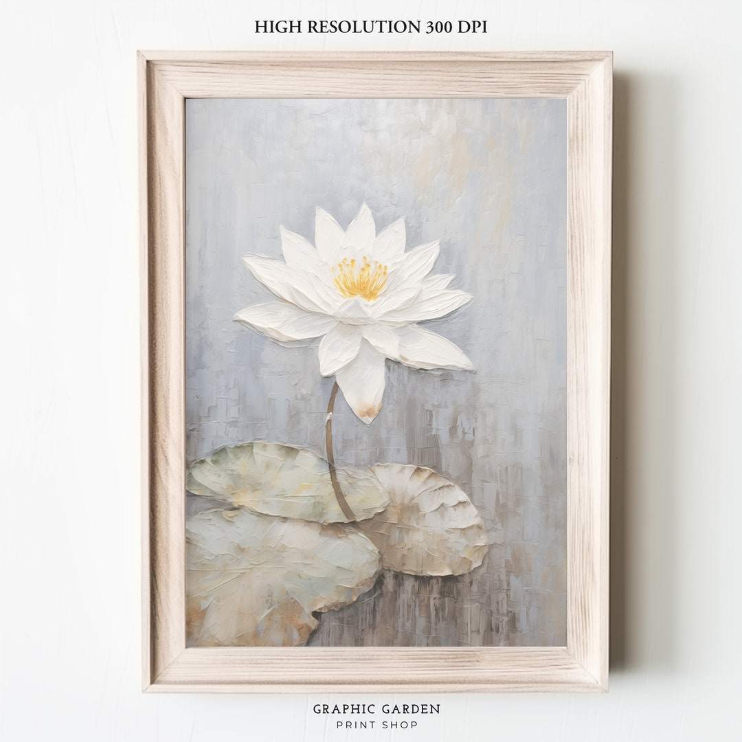 Water Lily Flower Wall Art Print White Floral Vertical Printable Muted ...
