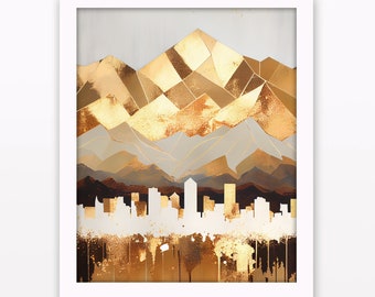 Denver Colorado Skyline Wall Art, Paesaggio urbano verticale stampabile, Montagne Rocciose Download istantaneo, Arredamento paesaggio urbano, Moderno metallico