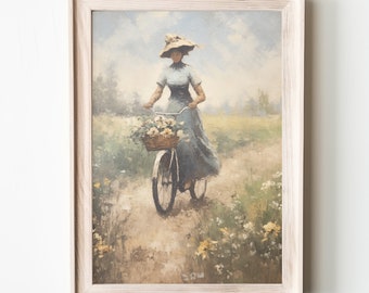 Woman With A Bike Oil Painting Vintage Wildflower Meadow Printable Rustic Country Art Print Farmhouse Portrait Muted Landscape Download