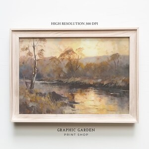 Gedempt rivierlandschap schilderij vintage berg afdrukbare herfst frame tv kunst rustieke herfst bomen kunst aan de muur antiek bos afdrukken downloaden