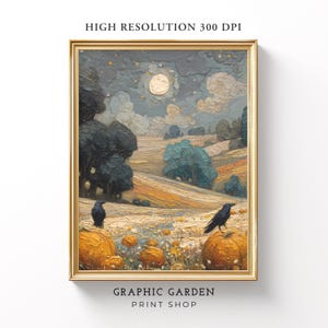 May include: A framed landscape print featuring a nighttime scene with a full moon, pumpkins, and crows. The artwork has a gold frame and the text "HIGH RESOLUTION 300 DPI" and "GRAPHIC GARDEN PRINT SHOP". The color palette includes shades of orange, yellow, and blue.