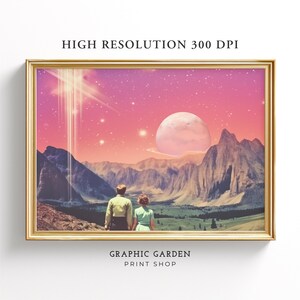 May include: A framed print with a gold border depicts a surreal landscape. A couple stands before mountains, a large moon, and beams of light against a pink and purple sky. Text at the top reads "HIGH RESOLUTION 300 DPI".