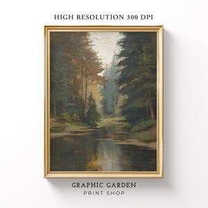 Può includere: Un dipinto di paesaggio incorniciato raffigura una serena scena di foresta con un fiume. L'opera presenta lussureggianti alberi verdi, uno specchio d'acqua riflettente e una cornice dorata. Il testo "HIGH RESOLUTION 300 DPI" e "GRAPHIC GARDEN PRINT SHOP" sono visibili.
