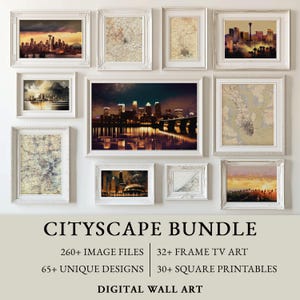 May include: A collection of framed digital wall art prints featuring cityscapes and maps. The prints are displayed in white ornate frames. The image includes a variety of city skyline scenes and map designs. The text "CITYSCAPE BUNDLE" is displayed at the bottom.