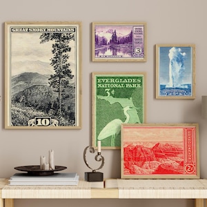 Vintage National Park Briefmarken Wall Art Bundle Antike druckbare Retro Natur Poster Sofort-Download Im Freien Geschenkset historischen 1934 Print