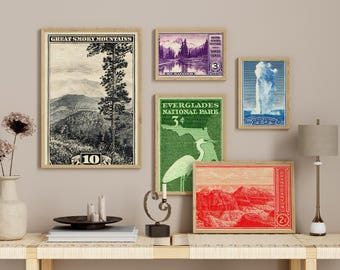 Vintage Nationaal Park Postzegels Wall Art Bundel Antieke Afdrukbare Retro Natuurposters Instant Download Buitenshuis Cadeauset Historische 1934 Afdrukken