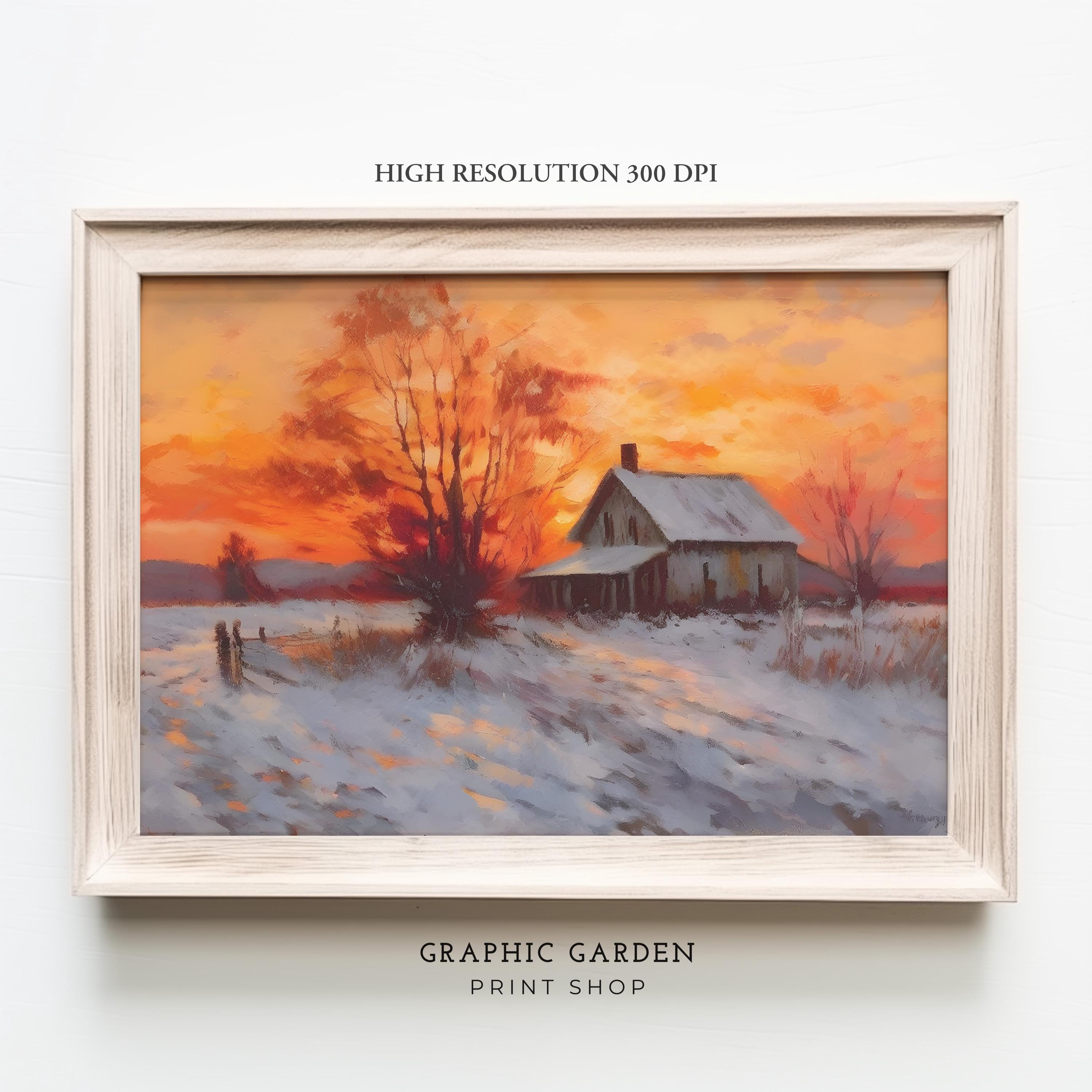 Winter Farmhouse Painting Moody Landscape Printable Rustic Sunset