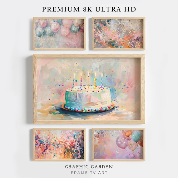 Birthday Party TV Art Set, 8K Cake Balloons Confetti Screensaver, Frame TV Wall Art, Party Decor Digital Wallpaper Download, Pink Gold Blue