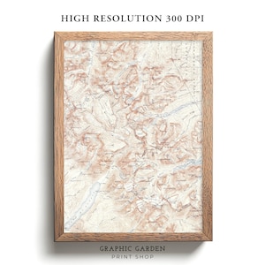 Mapa vintage imprimible del Parque Nacional Glaciar, arte mural con elevación de montañas, póster histórico de Montana, tonos tierra apagados antiguos, 1904