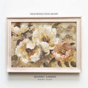 Pintura a óleo de peônia, impressão suave de outono, decoração floral de outono, arte de TV com moldura de casa de fazenda rústica, impressão de flores vintage, download de flores silvestres