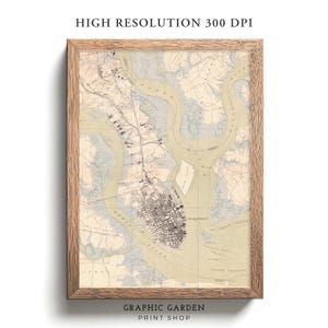 Charleston Vintage Karte druckbare, geologische Höhe Wandkunst, historische South Carolina Poster Druck, antike gedämpfte Erdtöne, 1919