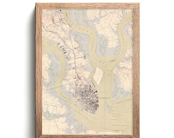 May include: A framed vintage map print with a light brown wooden frame. The map features a detailed city plan with surrounding waterways in shades of beige, blue, and brown. Text at the top reads "HIGH RESOLUTION 300 DPI" and at the bottom "GRAPHIC GARDEN PRINT SHOP".