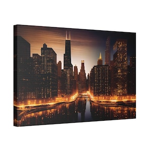 Arte de la pared del lienzo de Chicago Illinois, impresión horizontal del horizonte del paisaje urbano, abstracto contemporáneo moderno, decoración del paisaje, tonos neutros de la tierra