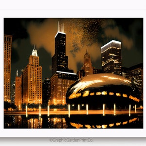 Chicago Chicago Skyline Wandkunst, Midwestern Stadtbild horizontal bedruckbar, Urban Nacht Landschaft Dekor, Cloud Gate Skulptur, Rahmen TV