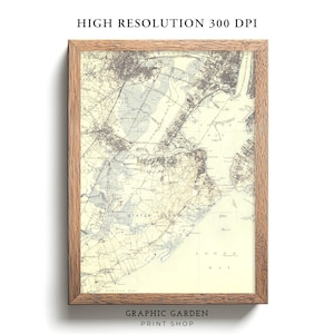 Mapa vintage imprimible de Staten Island, arte mural de elevación geológica, póster histórico de Nueva Jersey, tonos tierra apagados antiguos, 1898