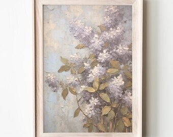 May include: A painting of a bouquet of purple lilac flowers with green leaves against a light blue background. The painting is framed in a light wood frame.