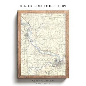 Mapa vintage imprimible de Kansas City, arte rústico de pared con elevación geológica, póster histórico de Misuri, tonos tierra apagados antiguos, 1890