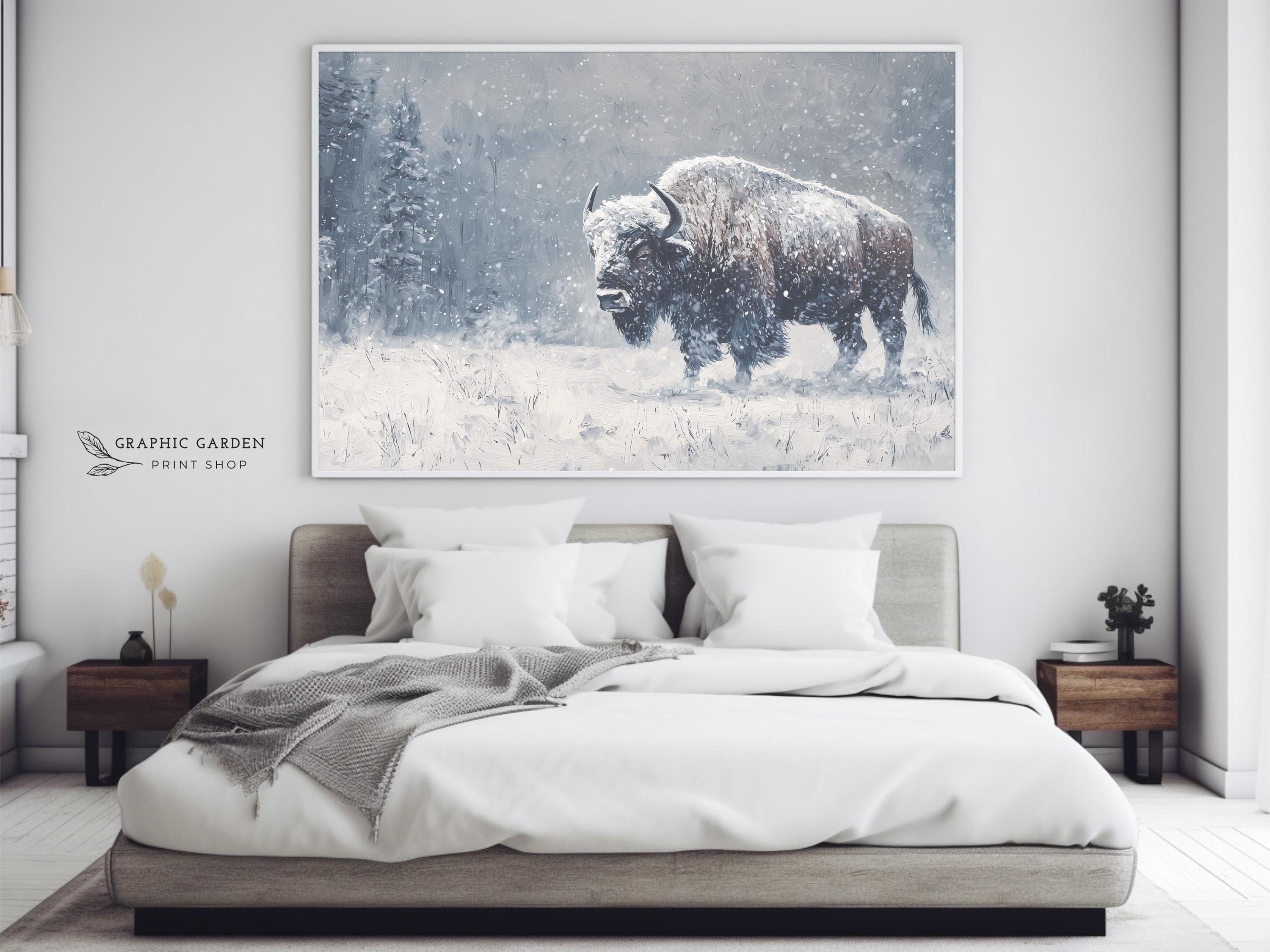 Winter Bison Painting Horizontal Print, Forest Landscape Canvas Wall ...