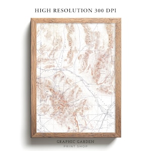 Las Vegas Vintage Karte druckbare, geologische Höhe rustikale Wandkunst, historische Nevada Plakat-Druck, antike gedämpfte Erdtöne, 1907